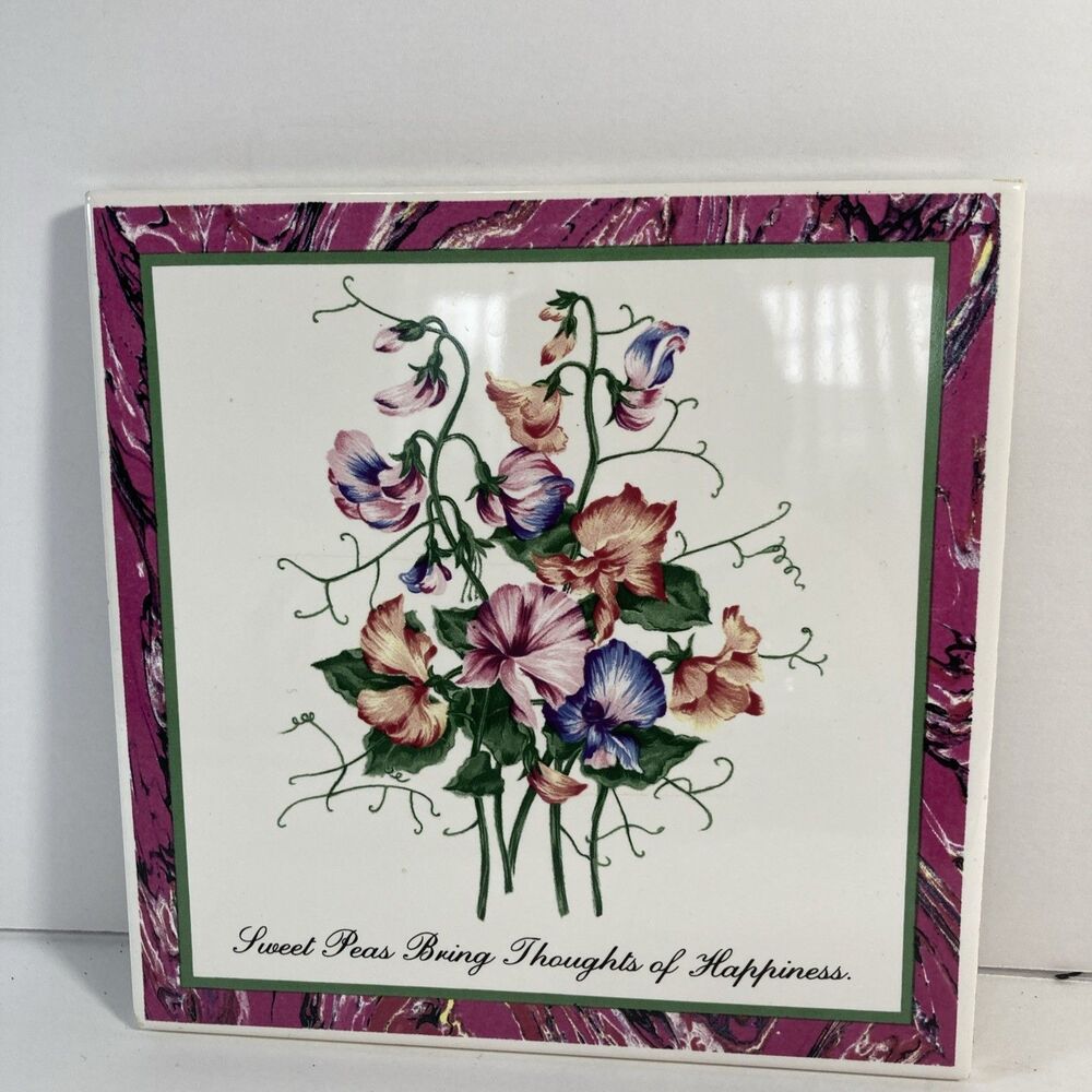 Vintage Sweet Pea Floral Ceramic Art Tile Trivet Decorative Home Decor 6" Retro